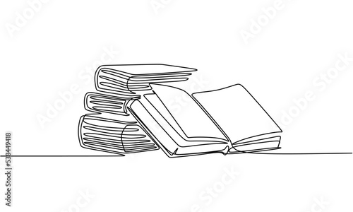 Continuous one line drawing open book with flying pages. Vector illustration education supplies back to school theme.