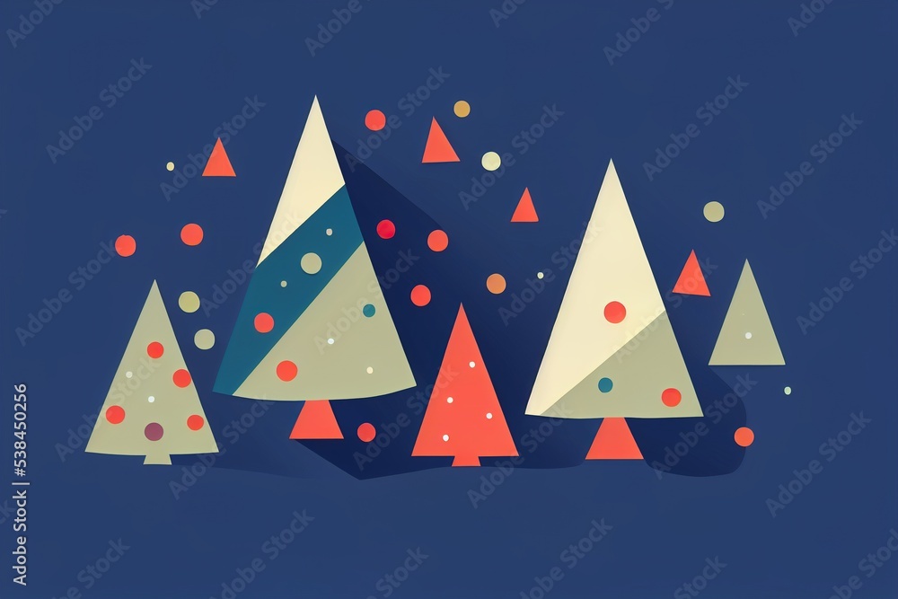 Festive Merry Christmas trees on blue background.