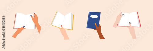 Hands holding book. Woman with open or closed books reading literature, bookstore library reader. Vector isolated set