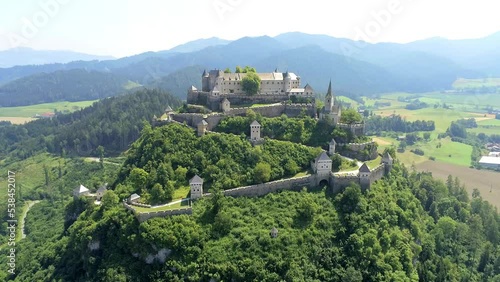 Zoom Out Drone Footage of the Burg Hochosterwitz in Launsdorf, Carinthia, Austria photo