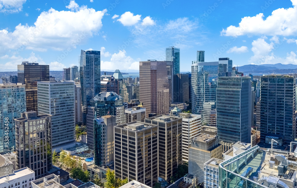 Scenic Vancouver financial district skyline in the city downtown near Robson square.