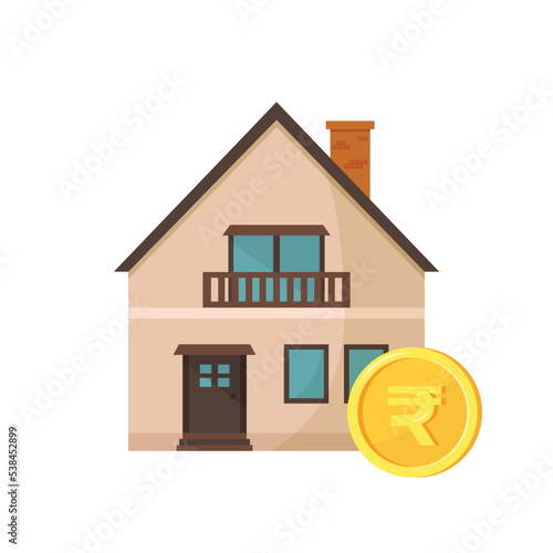 House with rupee coin. House for sale. Real estate investment concept. Vector illustration