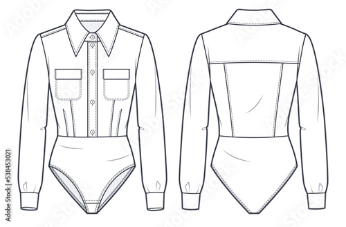 Women's Body technical fashion Illustration. Shirt, Bodysuit fashion flat technical drawing template, button-down collar, elastic cuffs, slim fit, pockets, front, back view, white, CAD mockup. .