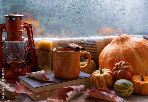 Autumn mood  autumn atmosphere. A cup of hot coffee  a book  a lamp  autumn leaves and pumpkins on a knitted plaid on a rainy day.