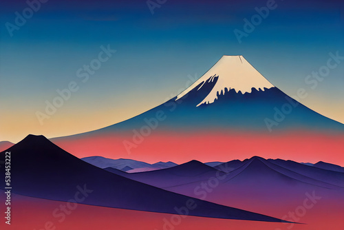 Japanese ancient drawing style of landscape with Fuji mountain featured.