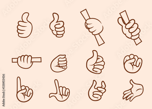 The set includes eight different poses of cartoon hands. The hands are drawn in an outline style with different hand gestures. Perfect for both mascot and flat design