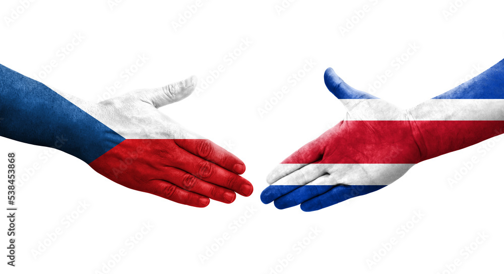 Handshake between Costa Rica and Czechia flags painted on hands, isolated transparent image. Handshake between Costa Rica and Czechia flags painted on hands, isolated transparent image.