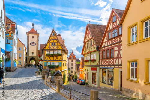 The picturesque Plönlein, or Little Square, a famous split in the road in the Bavarian village of Rothenburg ob der Tauber, Germany.