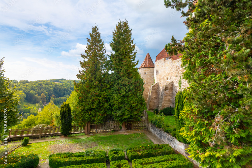 View of the hills and countryside surrounding the medieval walls of the Bavarian city of Rothenburg ob der Tauber, Germany, on Germany's Romantic Road.	