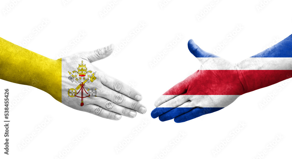 Handshake between Costa Rica and Holy See flags painted on hands, isolated transparent image. Handshake between Costa Rica and Holy See flags painted on hands, isolated transparent image.