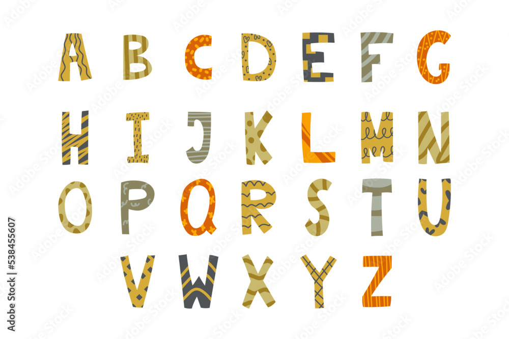 Alphabet for children in boho style on a white background. Vector illustration Alphabet for children in boho style on a white background. Vector illustration
