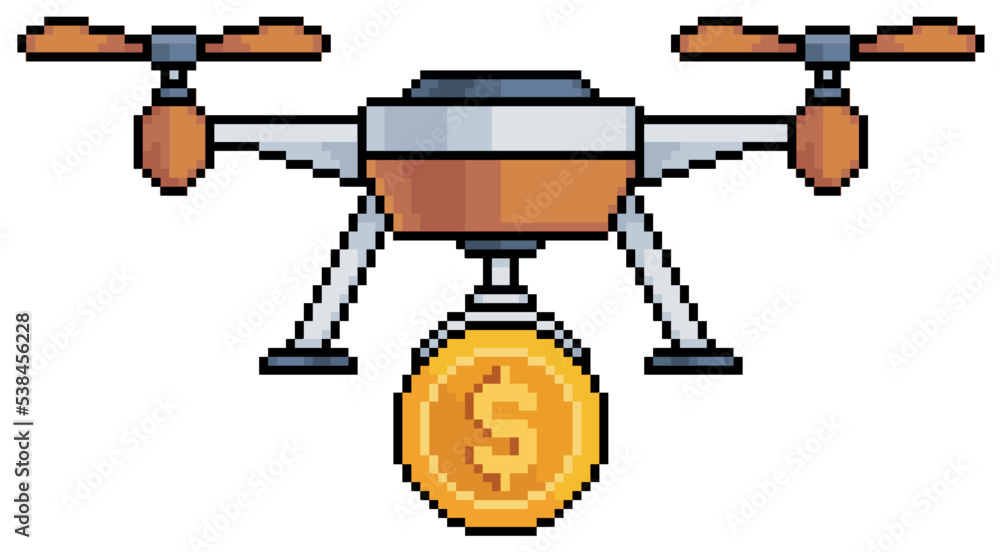 Vecteur Stock Pixel art drone with coin and money vector icon for 8bit game  on white background | Adobe Stock