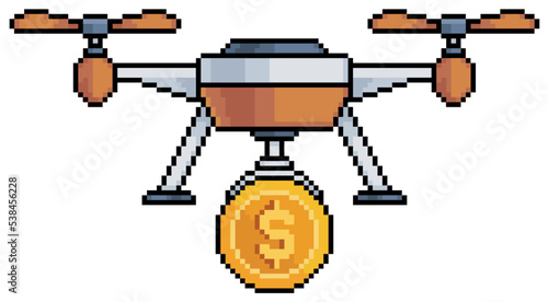 Pixel art drone with coin and money vector icon for 8bit game on white background
