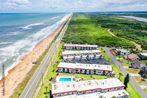 Fotografie Aerial of Florida condos and motels facing Atlantic Ocean along State Route A1A, Flagler Beach, Florida, USA