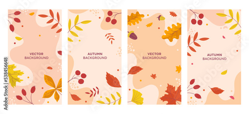 Vector set of abstract backgrounds with a place to copy text - autumn sale - bright stylish banners, posters, cover design templates, stories in social media wallpaper with yellow and orange leaves