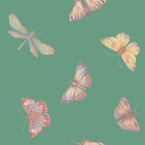 Seamless abstract pattern of butterflies and dragonflies. Botanical ornament for design, wallpaper, print, wrapping paper, scrapbooking.