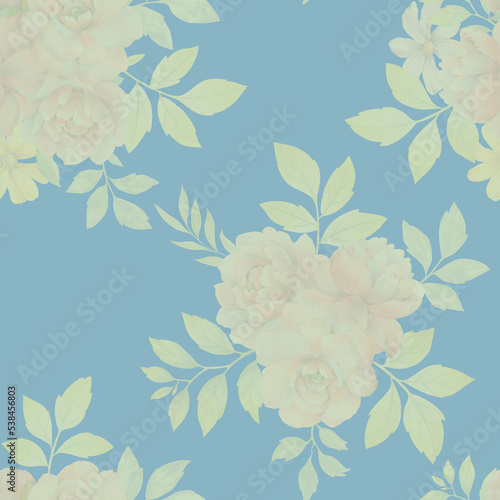 bouquets of flowers with leaves, watercolor seamless pattern for design on a pale blue background.