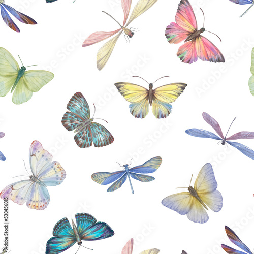 Abstract ornament for design and wallpaper. Seamless pattern of bright butterflies and dragonflies on a white background.