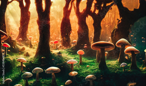 Fotografia Magic mushrooms in a sunlit forest