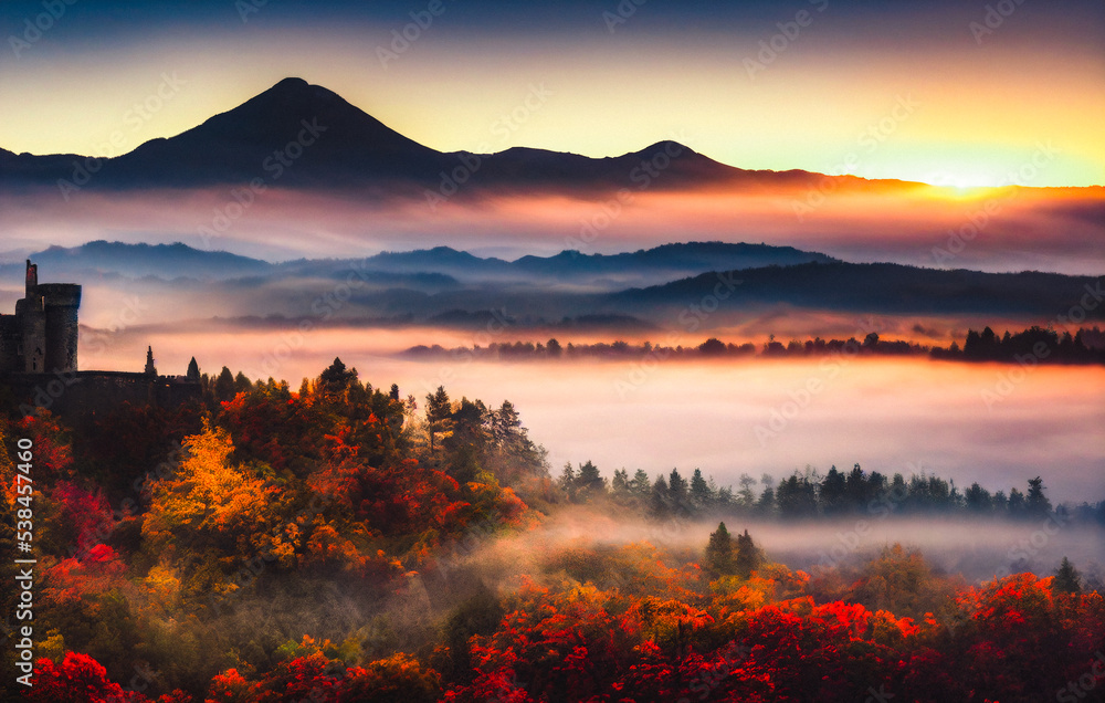 Mystic autumn landscape with trees and hills during sunset