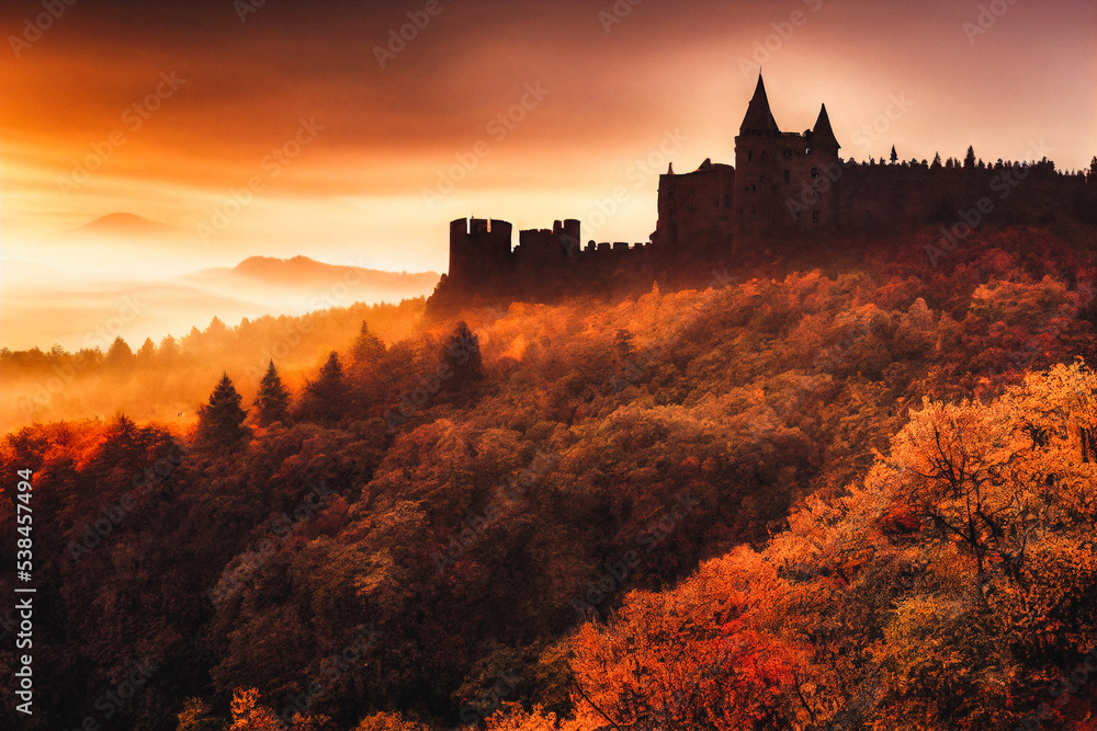 Old medieval castle on a hill by sunset