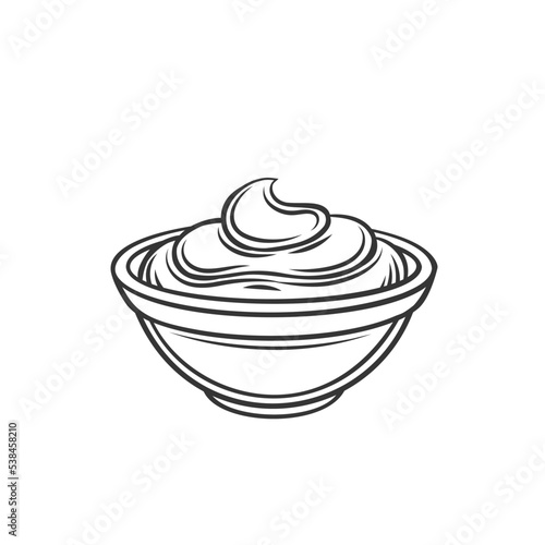 Sauce bowl outline icon vector illustration. Line hand drawing cup with dip for snack food, spicy ketchup or organic mustard, fresh yogurt or mayonnaise for seasoning and condiment to appetizer