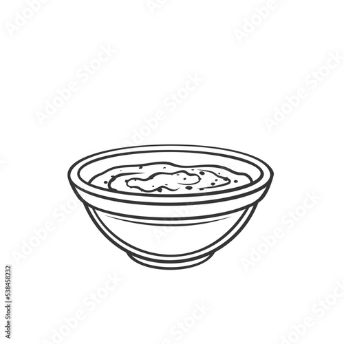 Hot chili sauce in bowl outline icon vector illustration. Line hand drawing chilli pepper dip of Mexican cuisine, spicy salsa for seasoning food, chili barbeque condiment and cooking ingredient