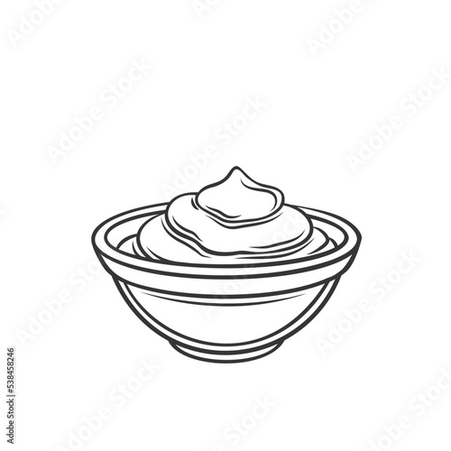 Mayonnaise sauce in cup outline icon vector illustration. Line hand drawing sour cream or yoghurt, creme cheese mayo or tartar dip swirls in glass bowl, side view of creamy sauce for seasoning food
