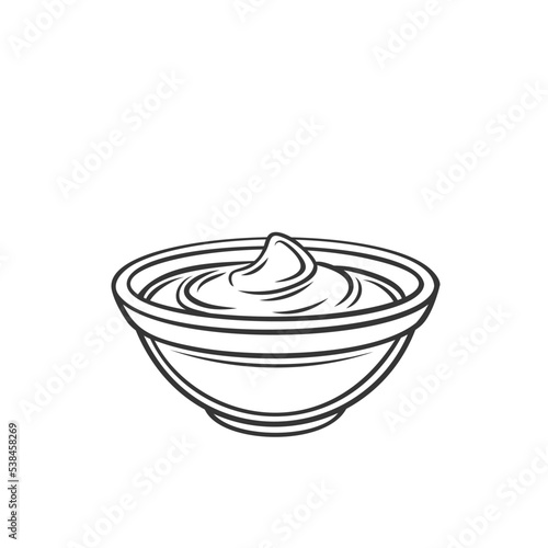 Sauce bowl outline icon vector illustration. Line hand drawing BBQ, tomato ketchup, mustard or yoghurt cream, mayonnaise for dipping food, side view of condiment and seasoning sauce in glass cup