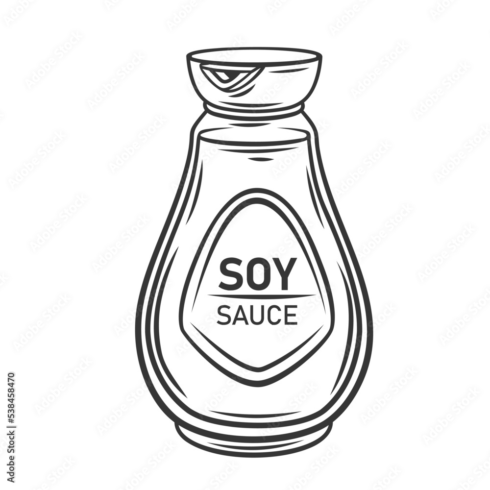 Soy sauce in bottle outline icon vector illustration. Line hand drawing container with Chinese or Japanese soybean sauce, package with dressing for sushi, delicious condiment and seasoning for food Soy sauce in bottle outline icon vector illustration. Line hand drawing container with Chinese or Japanese soybean sauce, package with dressing for sushi, delicious condiment and seasoning for food