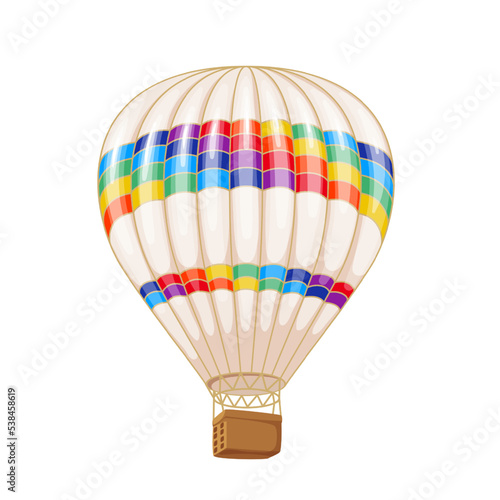 Hot air balloon vector illustration. Cartoon flying Turkish retro airship in Cappadocia, baloon with carrier basket and colorful rainbow pattern on parachute, transport for festival in Turkey