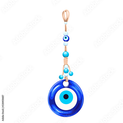 Turkish circle amulet with blue pattern vector illustration. Cartoon isolated protection from evil envy eye, round glass decor with beads for good luck from Turkey, decorative traditional symbol