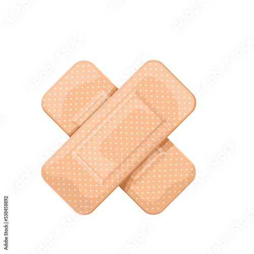 Adhesive bandage vector illustration. Cartoon isolated cross of medical plaster and patch to care wound, injury and damage of skin, beige adhesive elastic sticky tapes with antibacterial cover