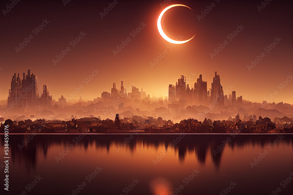 Gloomy image of the lunar replacement over the city. High quality illustration