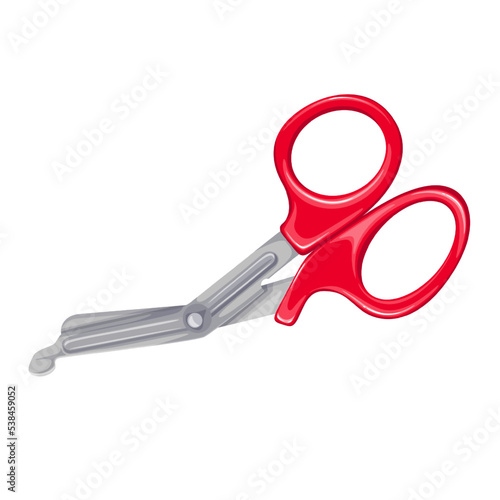 Medical Scissors vector illustration. Cartoon isolated hospital metal sharp scissors with red handles, doctors tool for cutting sterile bandage, instrument from first aid kit, emergency supplies
