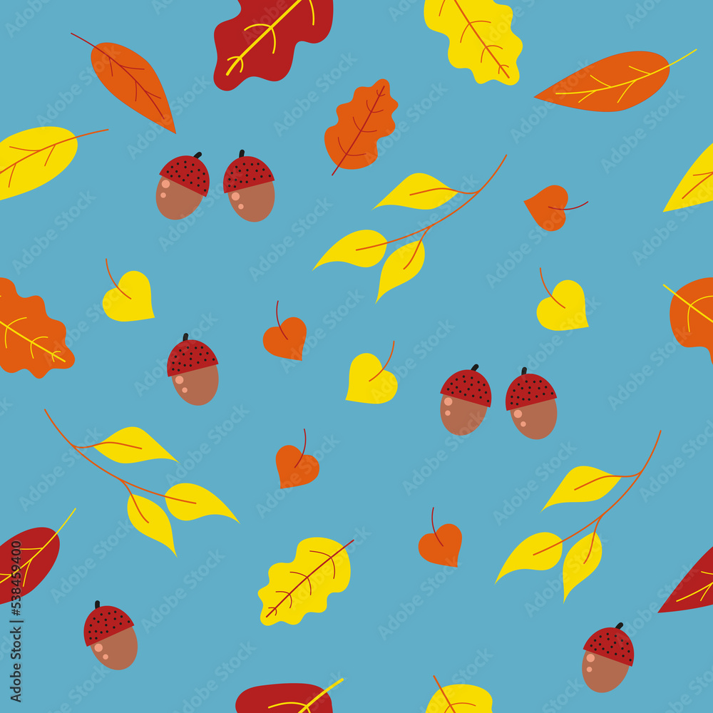 Autumn leaves on a blue background. Seamless pattern.