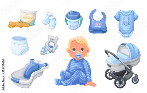 Equipment, clothes set for newborn baby boy vector illustration. Cartoon isolated nursery collection with blue cute romper, socks and carriage for infant child, sippy cup and bib, rattle and bathtub