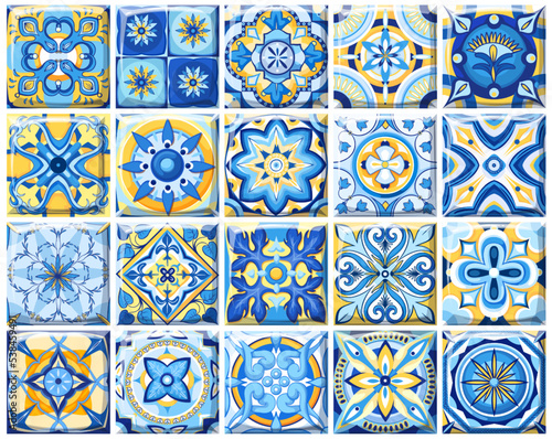 Blue and yellow Azulejo tiles set vector illustration. Mediterranean traditional pattern, Spanish Majolica ceramic mosaic and Portuguese tile decoration with square ornament, Azuleju ancient decor