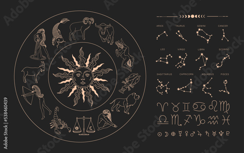 Star signs of the zodiac. vector illustration. Astrological drawing of the constellations. on a black background. planet designs. Read the natal chart. magic illustration. Astrological forecast. 