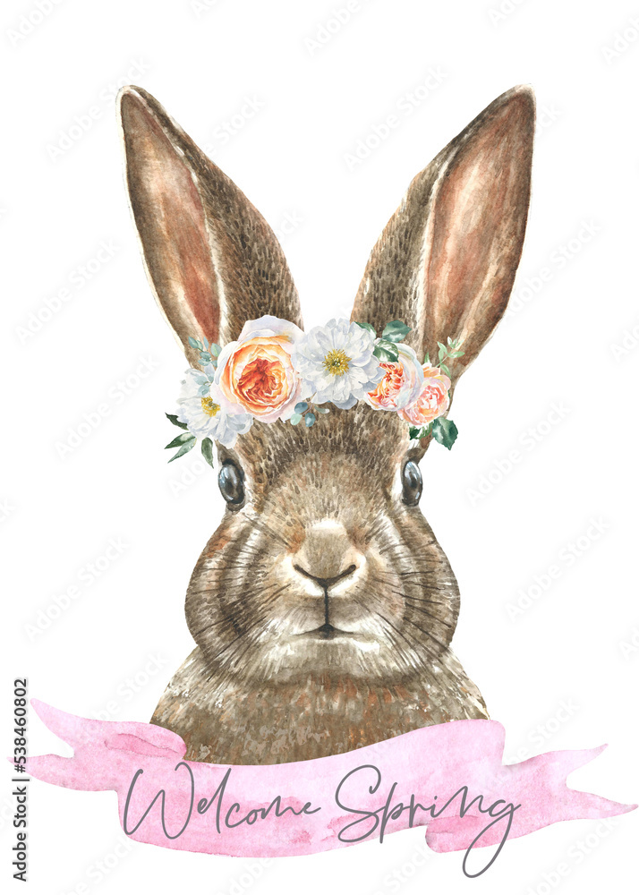 Welcome spring Watercolor bunny illustration card printable..Cute baby ...