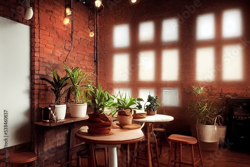 Cafe hall with plants and vaulted windows illustration 