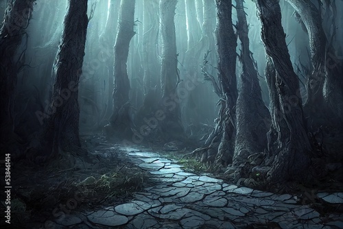 Magic portal between tree trunks in a deep dark forest, fog in the thicket of the forest 3d illustration