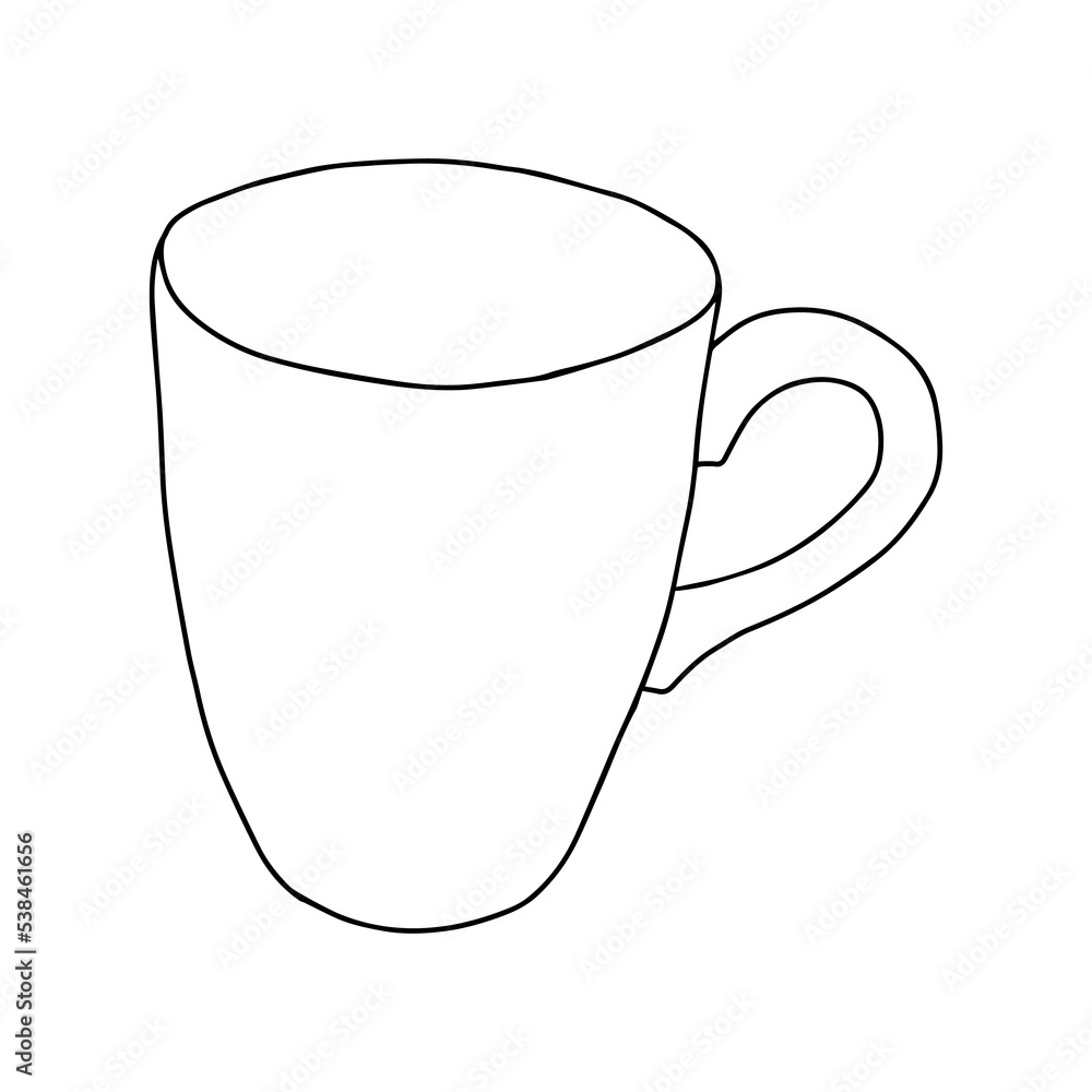 Black and white hand drawing outline vector illustration of a cup for hot tea or coffee isolated on a white background