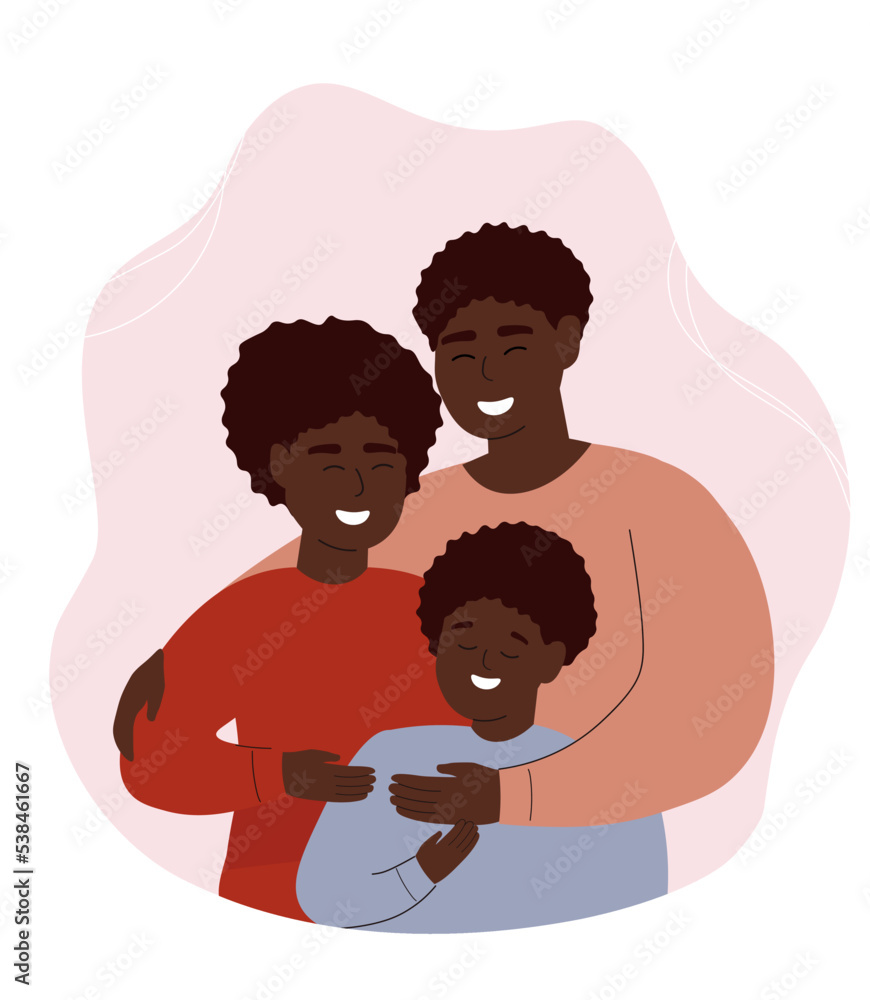 A happy African - American family embraces . Mom, Dad, son together. Vector graphics.