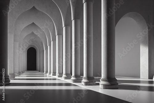 Arches with columns in the wall, internal gate with white columns in a palace or castle on a light wall background 3d illustration