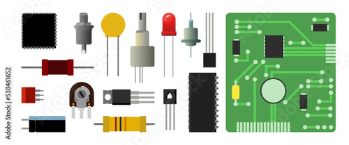 Set of radio components. Element for radio circuit. Object isolated on white background. Electronics detail. Vector