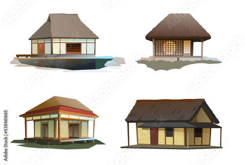 Set of Traditional Japanese house. Rural dwelling with thatched roof. illustration vector.