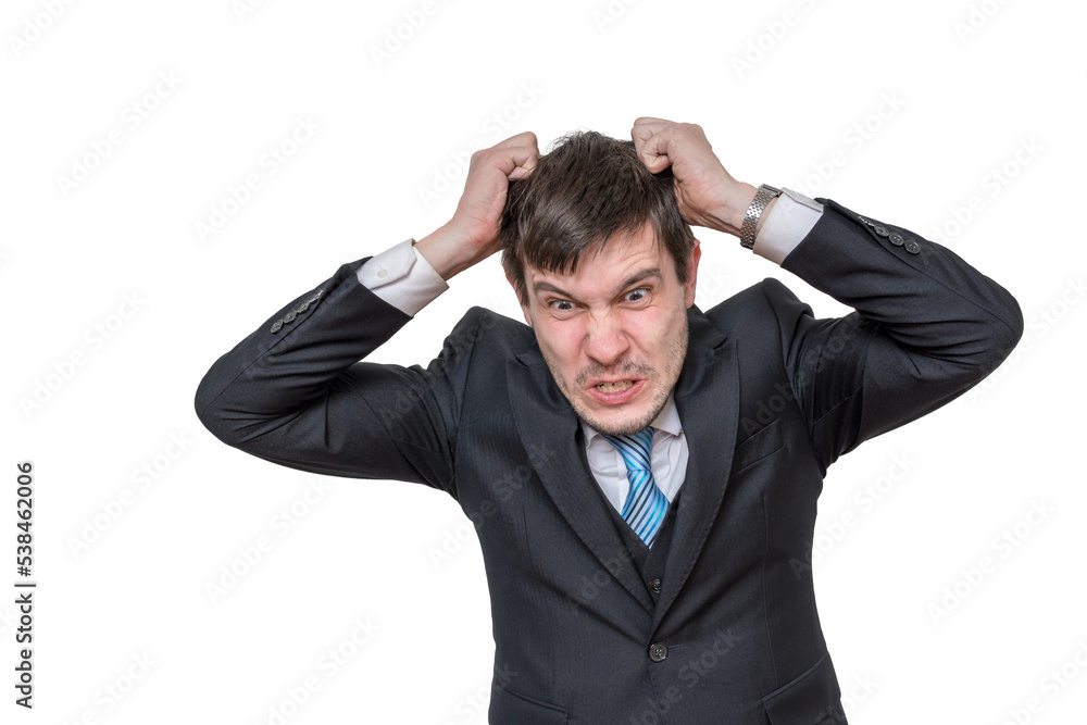 Isolated angry man in suit on transparent background. Isolated angry man in suit on transparent background.
