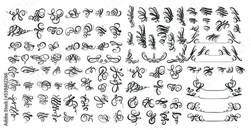 Very big set of black calligraphic symmetrical and asymmetrical black elements for design on a white background