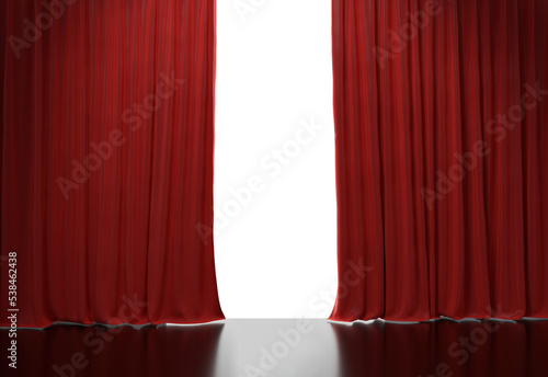 Opening red curtains in theater stage with transparent background.